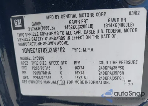 2002 Chevrolet Suburban 1500 Lt from USA, damaged, VIN 1GNEC16T02J249102